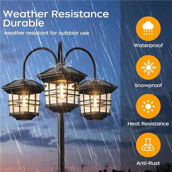 76" Classic Black Solar Lamp Post Lights - 3-Head Waterproof Outdoor Street - Picture 3 of 14
